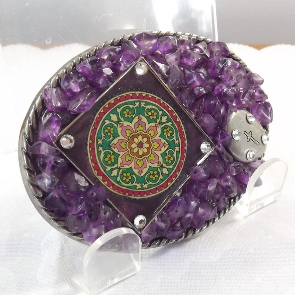 Funky Real Amethyst Stone Art Deco Belt Buckle